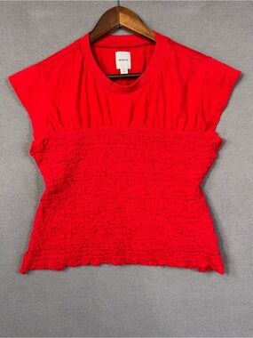Maeve Bright Red Smocked Short Sleeve Tee Shirt, Cap Sleeves Scrunchy,Size Small